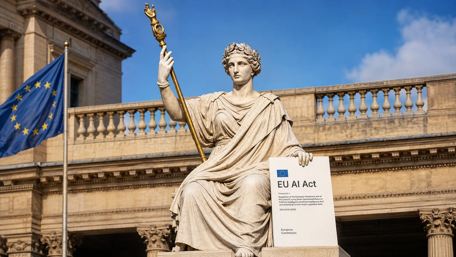 Statue allégorique en marbre tenant un sceptre devant un bâtiment institutionnel européen, drapeau de l'Union européenne au vent, et panneau de pierre gravé « EU AI Act » citant le règlement du Parlement européen et du Conseil établissant des règles harmonisées sur l'intelligence artificielle, Commission européenne.