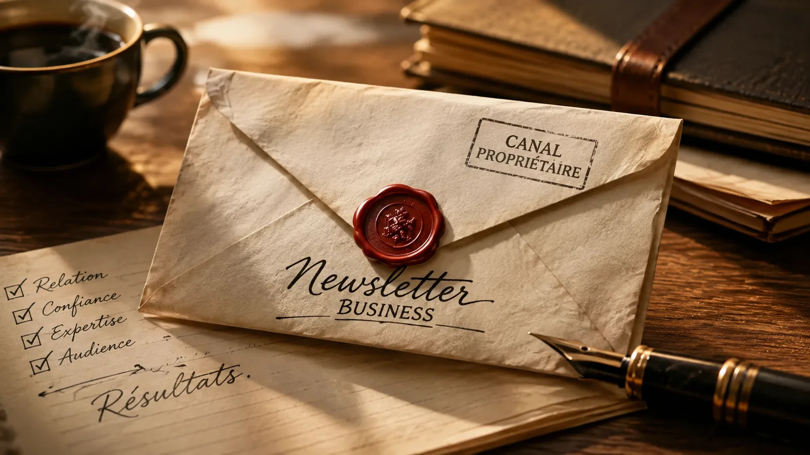 Enveloppe scellée à la cire portant la mention Newsletter Business et le tampon Canal propriétaire, posée sur un bureau à côté d'une checklist relation, confiance, expertise, audience.