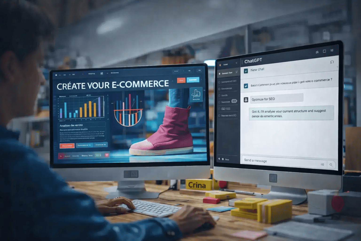 Créer un site e-commerce : comparatif des solutions et révolution de l’IA - Personne travaillant sur la création d’un site e-commerce avec assistance IA via un chatbot