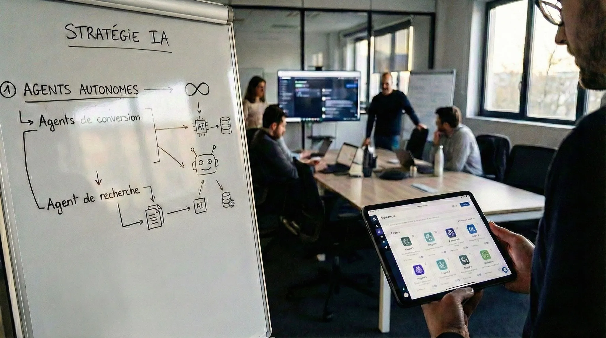 Schéma de stratégie IA en entreprise illustrant l'intégration d'agents autonomes (IA Agentique) et la sécurisation des données via une IA Souveraine (RAG).